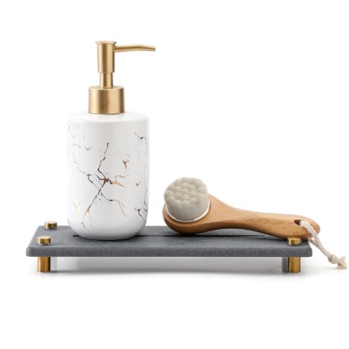 "Kitchen Sink Caddy Water Absorbing Stone Drying Tray, Diatomite Bathroom Sink Organizer, Faucet Counter Mat Coaster, Soap Dish Rack Riser Dispenser Sponge Holder, Dark Gray Gold 10"" x 4"""