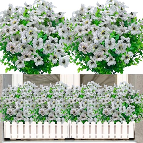 NOV FIRE Artificial Flowers for Outdoors UV Resistant 8 Bundles Fake Outdoor Plants Plastic Flower Shrubs No Fade Faux Plant Stems Home Inside and Outside Decor(White)