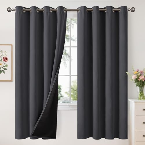 YoungsTex Insulated 100% Blackout Curtains for Bedroom, Thermal Black Out Drapes with Grommet Thick Double Layer Energy Saving for Winter Living Room, Dark Grey, 2 Panels, 52 X 72 Inch