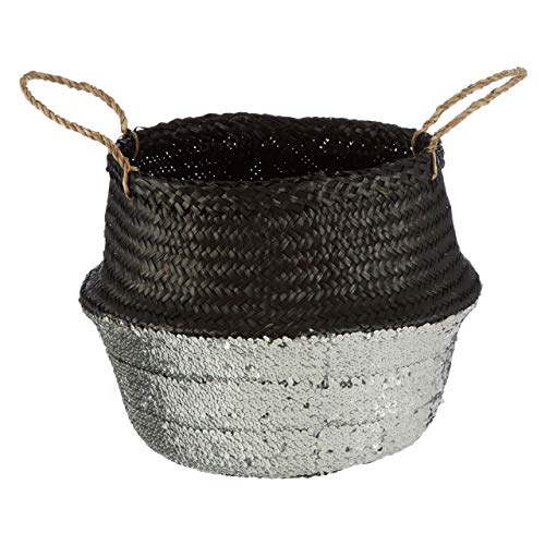 Premier Housewares Medium Natural Silver/Black Seagrass Basket Decorative Storage Baskets With Handles For Daily Use Store Clothes Shoes And Bags In Handwoven Baskets 35 x 35 x 32