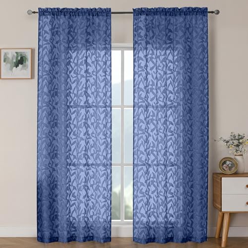 OWENIE Leyna Dusty Blue Sheer Curtains 90 Inches Long for Bedroom 2 Panels Set, Light Filtering Jacquard Clip Textured Long Semi Living Room Curtains, Airy Leaves Rod Pocket Drapery, 40Wx90L Inch