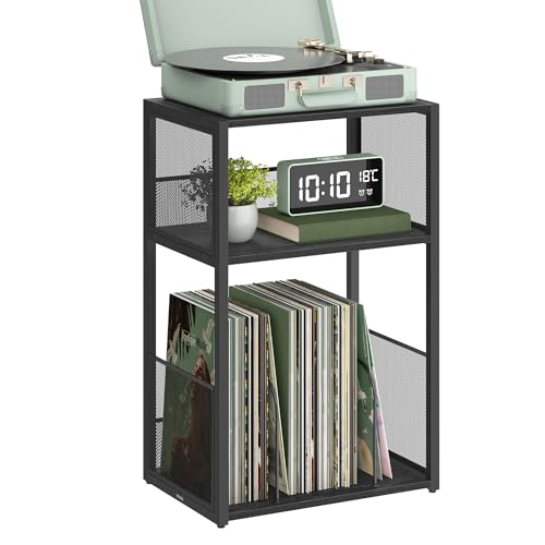 VASAGLE Record Player Stand, 3-Tier Side Table, Vinyl Record Storage up to 100 Albums, End Table for Living Room, Bedroom, Ebony Black LET275B01