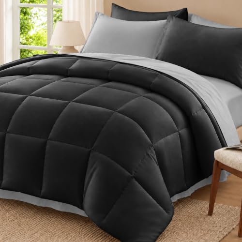 Anluoer California King Comforter Set, 7 Piece Bed in a Bag Bedding Set - Reversible Black&Greye, Lightweight, All Season,OEKO-TEX Certified,Down Alternative Comforter,Breathable sheets & pillowcases
