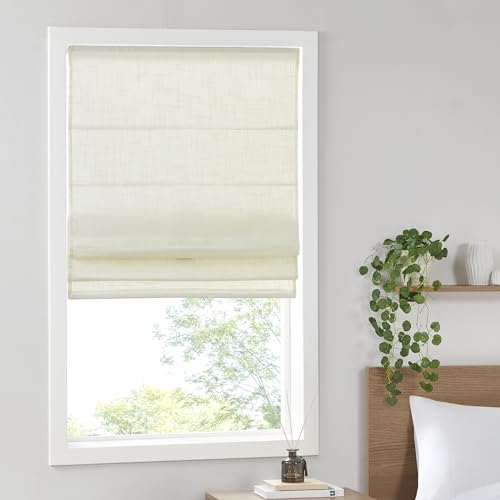 "Madison Park Kyler Cordless Roman Shades - Single Panel, Lightweight Linen Blend Fabric, Natural Design, Easy Installation, Light Filtering Window Blind, Bedroom, Living Room Decor 34""W x 64""L White"