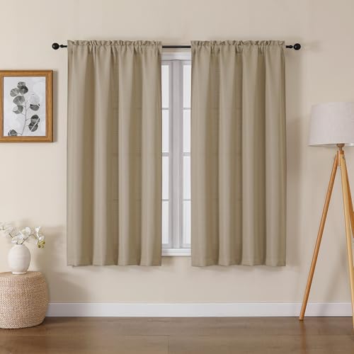 Lecloud Bessie Camel Short Curtains 54 Inch Length 2 Panels, Faux Linen Airy & Privacy Curtains for Bedroom Windows, Rustic Light Filtering Curtain with Dual Rod Pocket, Each 30 W x 54 L