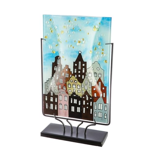 Glass Art Vase City Lights – Grey, Light Blue, Black – Glass – Height 45 cm Hand-Painted – Table Vase