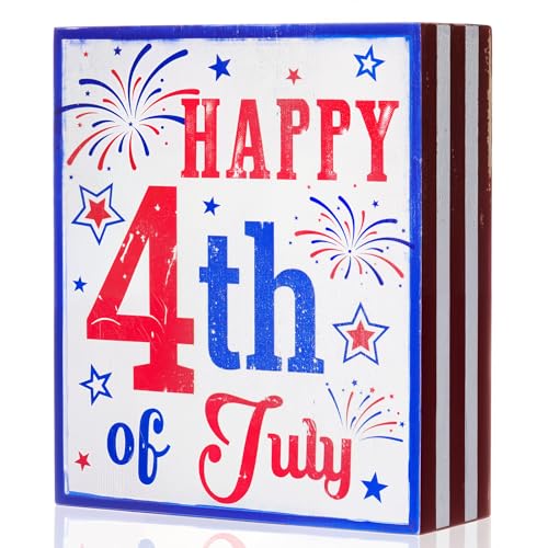 Jetec Patriotic Decor July 4th Box Sign Independence Day Patriotic Labor Day 5 x 6 Inch Wood American Flag Decor Farmhouse Wooden Block(Happy 4th of July)