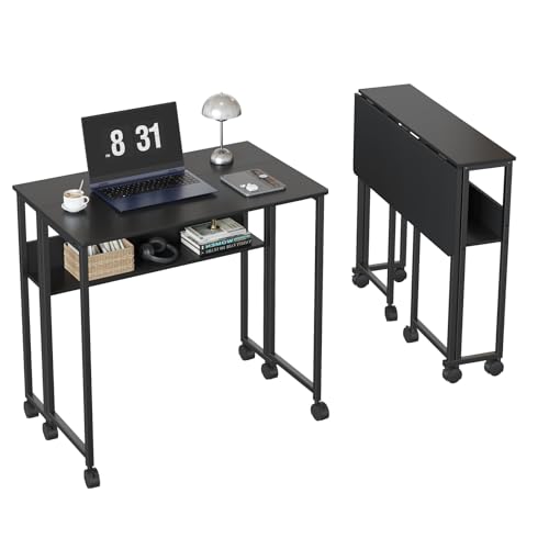 GarveeHome Folding Desk with Storage Shelf – 80cm Compact Table on Wheels for Small Spaces – Sturdy Iron Frame, Particle Board Top, Rolling Workstation for Home Office, Bedroom or Study – Black