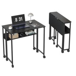 GarveeHome Folding Desk with Storage Shelf – 80cm Compact Table on Wheels for Small Spaces – Sturdy Iron Frame, Particle Board Top, Rolling Workstation for Home Office, Bedroom or Study – Black