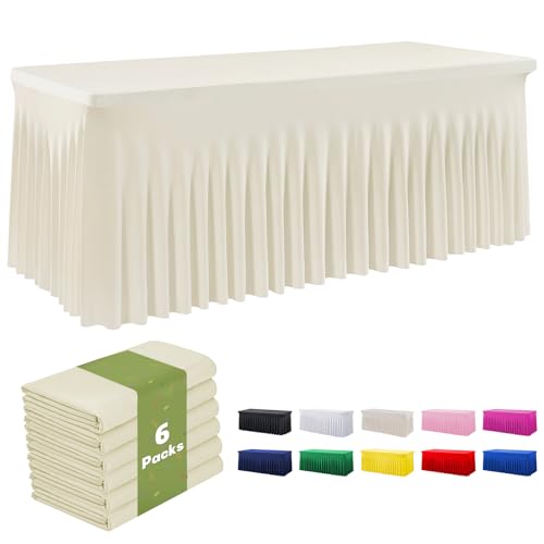 leegleri 6 Pack Ivory Spandex Table Clothes for 6ft Rectangle Tables, Wrinkle Free Fitted Tablecloths for Parties, Weddings, Banquets, Baby Showers