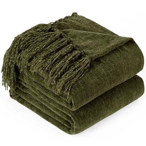 "GINAMUSE Chenille Throw Blanket for Couch - Soft Knit Blankets 50""X60"" - Cozy Warm Lightweight Boho Decorative Knitted Blankets with Tassels for Bed and Sofa,Olive Green"