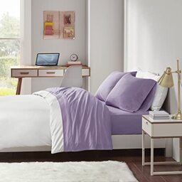 "Intelligent Design Cotton Blend Jersey Knit Wrinkle Resistant, Soft Sheets with 14"" Deep Pocket All Season, Cozy Bedding-Set, Matching Pillow Case, Purple, Queen, 4 Piece"