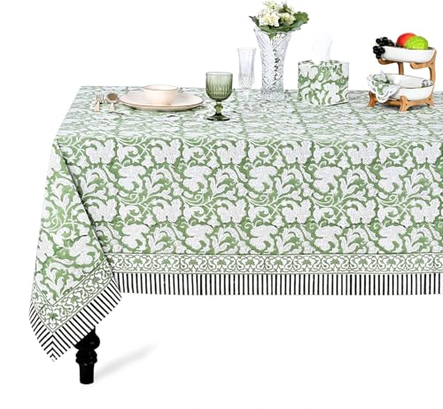 Ridhi Sage Green 60x90 Inches Rectangle 100% Cotton Hand Block Print Tablecloth Washable Easter Thanksgiving/Christmas Parties/Wedding Use,Fall d??cor Farmhouse Dining Dinner Tablecloth