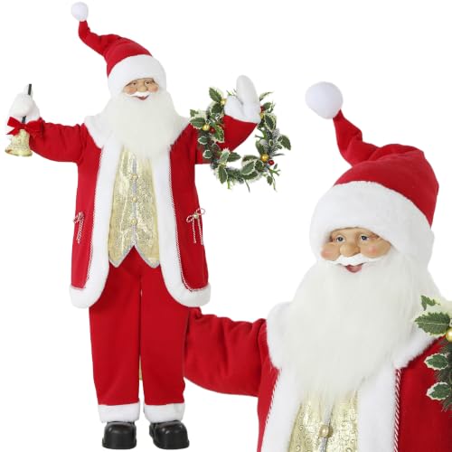 HOMCOM 5ft Life Size Singing Santa Claus 150 cm Standing Musical Animated - Golden Bell, Wreath, Posable Arms, Handcrafted, Sound Touch Activated, Moving Christmas Figure Decoration