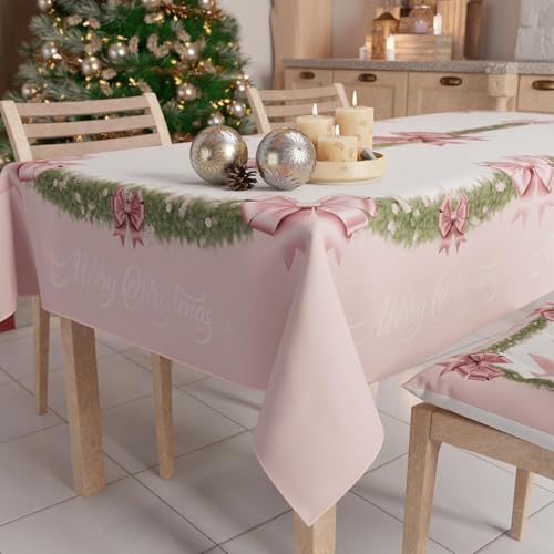 PETTI Artigiani Italiani - Christmas Tablecloth Stain Resistant Rectangular Table Cover for Kitchen, Red Bow Design, 140x300 cm, 100% Made in Italy