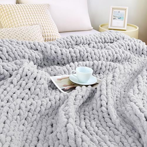 "Admitrack Chunky Knit Blanket Throw, 100% Hand Knit Chenille Throw Blanket for Sofa & Home Decor, Soft and Cozy Knitted Throw Blankets (Light Gray，51""x63"")"