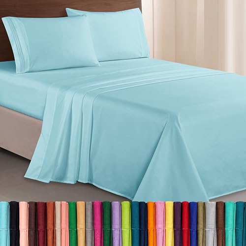 Elegant Comfort Luxurious 1500 Premium Hotel Quality Microfiber Three Line Embroidered Softest 4-Piece Bed Sheet Set, Wrinkle and Fade Resistant, King, Aqua Blue