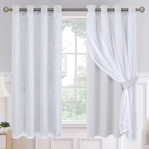 BGment Room Darkening Curtains with Sheer Overlay, Silver Printed Double Layer Curtains for Living Room & Bedroom, 2 Panels Each 52 x 63 Inch, Greyish White