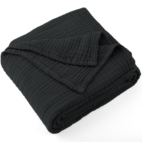 "Carriediosa 100% Cotton Muslin Throw Blanket 108"" X 90"" King Size???4-Layers Summer Gauze Throws for Bed Couch???Soft Lightweight Breathable Linen Blankets Bedspread for Adults All Season???Black"