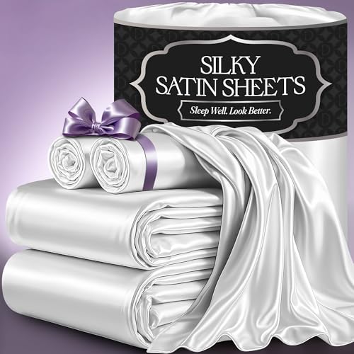 DECOLURE Satin Sheets Queen Size Set 4 Pcs - Silky & Luxuriously Soft Satin Bed Sheets w/ 15 inch Deep Pocket - Similar to Silk Sheets - Double Stitching, Wrinkle Free (White)