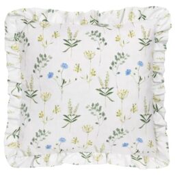 furn. Wylder Meadow Feather Filled Cushion – Floral Ruffle Trim Nature Inspired Botanical Decorative Pillow (White/Cornflower – 50x50cm)