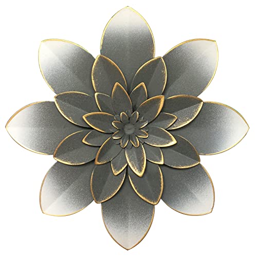 Grey Metal Flower Wall Art Decor, 9.5“ Rustic Modern Floral Sculpture, Distressed Iron Wall Hanging Home Decoration Accent Artworks for Indoor Kitchen Bedroom Living Room Office Outdoor Garden Patio