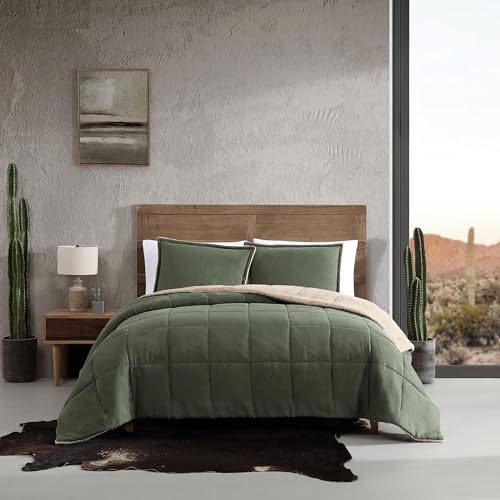 Wrangler- Queen Comforter, Solid Microsuede and Cozy Sherpa Reversible Bedding Set, Casual Home Decor for All Seasons (Legendary Solid Green, Queen)