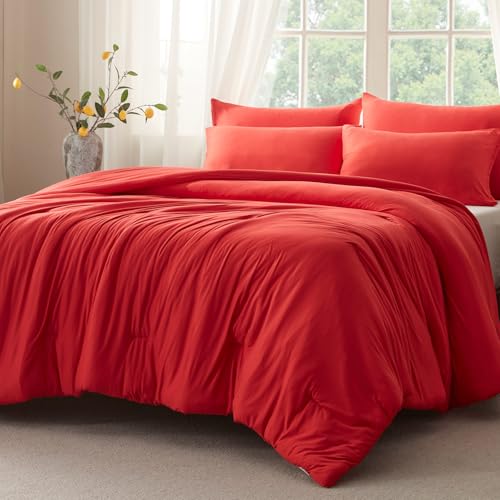 Voguease Queen Comforter Set, Comforters Queen Size Luxury Ultra-Soft Jersey Knit Bedding Sets, Red Lightweight Down Alternative Bed Comforte Queen for All Season, 3 Piece Bedding Setrey
