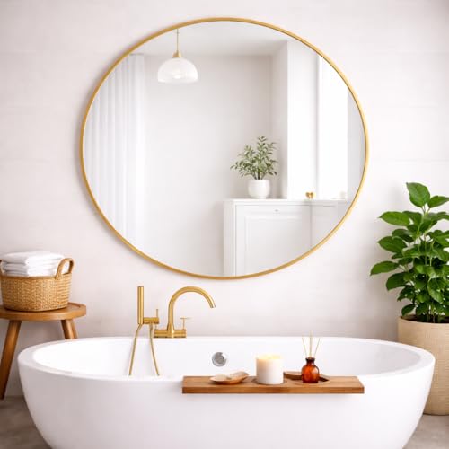 Round Metal Bathroom Mirror 120cm – Large Circular Wall Mounted Mirror – Modern Gold Frame Vanity Mirror – Contemporary Bathroom, Toilet, Ensuite