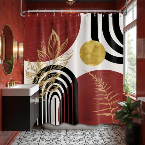 QGHOT Black and Red Shower Curtain, 72x72 in, Mid Century Modern Burgundy - Maroon Theme, Boho Pattern Design, Abstract Geometric MCM Bathroom Decor, Waterproof Polyester Fabric, with Hooks