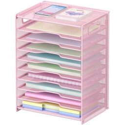 OUTWOLF 10 Tier Paper Organizer - Letter Tray Mesh Desk File Organizer with Handles for Office School Desktop,Pink