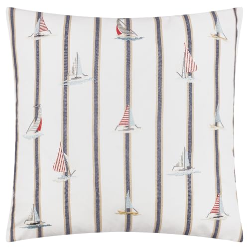 furn. Wylder Abersoch Regatta Polyester Filled Cushion – Embroidered Nautical Stripe Coastal Sailboat Cotton Decorative Pillow (Ecru – 45x45cm)
