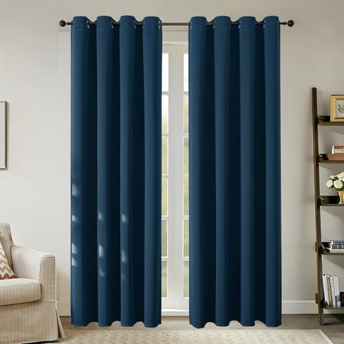 Joydeco Opaque Curtains with Eyelets Curtains Pack of 2 H 200 x W 140 cm Blackout Curtain Navy Blue Thermal Curtain Heat Protection Eyelet Curtain for Bedroom Living Room