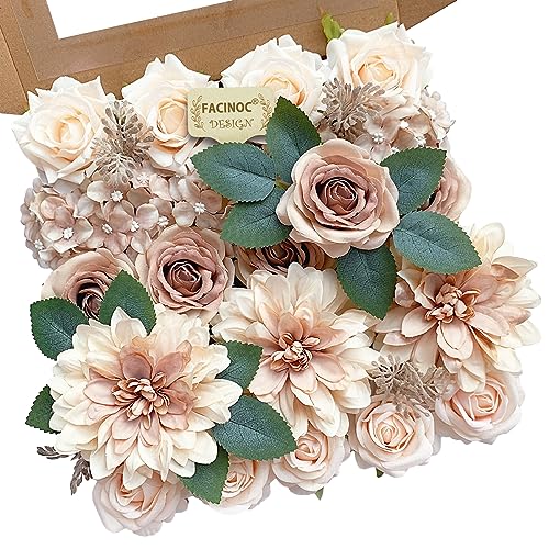 FACINOC Roses Artificial Flowers Bouquet Box Set Fake Flower with Stem for DIY Bridal Wedding Shower Centerpieces Table Decorations Faux Silk Floral Arrangement for Party Home Decor Indoor Taupe Beige