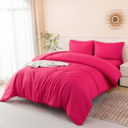 PERFEMET Hot Pink Bedding Full Set 5 Piece Bed in a Bag Boho Pom Pom Bedding Comforter Set with Sheets Soft Fluffy Solid Bed Sets for Girls Kids Women(Hot Pink, Full)