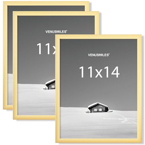 Venusmiles 11x14 inch Picture Frame, 11x14 Photo Frames with 8x10 Removable Mat - High Definition Plexiglass - Vertical and Horizontal Display - Wall Hanging Frame - Gold, 3 Pack