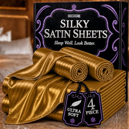 DECOLURE Satin Bed Sheets - 4 Piece Luxury Silky Full Size Bedding Set - Softer Than Silk, Wrinkle-Free with 15??? Deep Pocket Fitted Sheet, Perfect for Hair & Skin, Gifts for Women (Striped Gold)