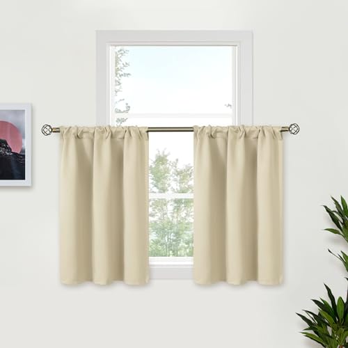 BGment Small Beige Curtains 36 Inches Long for Kitchen Window - Half Drapes with Rod Pocket Darkening Privacy for RV Bathroom Cafe Windows, 2 Panels, 29 X 36 Inch