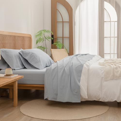BESTOUCH Full Washed Cotton Linen Feel Sheet Set 4 Pcs Cornflower Blue - 4 Piece Sheets, Deep Pockets with All???Around Elastic, Linen-Like Texture, Extra Soft & Breathable, No???Iron