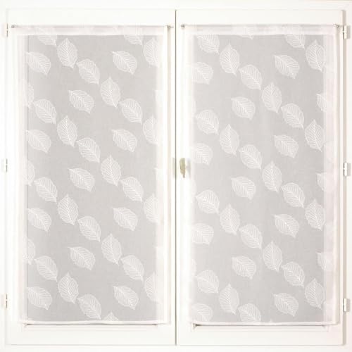 Atout Ciel Pair of Leaf Printed Sheer Curtains 50% Recycled Polyester with Rod Pocket Ready to Hang 2 x 60 x 120 cm White