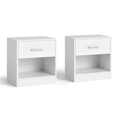 VASAGLE Bedside Tables, Set of 2, Side Table with Drawer, Handle, Open Compartment, End Table, for Bedroom, Living Room, Classic White LET819T14