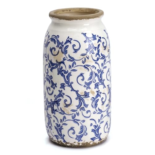 VICTOR & TERESA Rustic Blue and White Vase for Home Decor, Ceramic Vases for Flowers, Modern Farmhouse Decorative Vases for Pampas Grass,Table, Mantel, Living Room,Bookshelf, Centerpieces, 8''