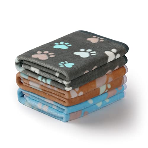 Luciphia 1 Pack of 3 Premium Fleece Soft Pet Blankets, Paw Print Flannel (Large, 41 x 30.7 inch, Grey/Brown/Blue)
