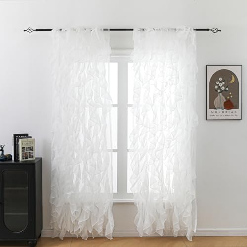 "Seibeh Tex Cascade Farmhouse Shabby Chic Sheer Voile Vertical Ruffled Waterfall Window for Bedroom Living Room Curtain Panel 2 Panels(White, 50""×84"")"