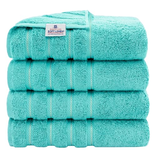 American Soft Linen Luxury 4 Piece Bath Towel Set, 600 GSM 100% Cotton Turkish Bath Towels for Bathroom, 27x54 in Large Bathroom Shower Towels, Turquoise Blue