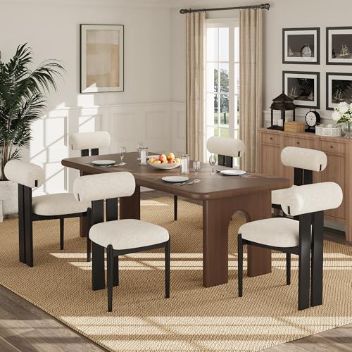 Dining Chairs Set of 6, Dining Room Chairs Upholstered Chenille Fabric, Wooden Kitchen Chairs with Padded Seat & Solid Wood Frame, Modern Accent Chairs for Living Room Bedroom Restaurant,Beige