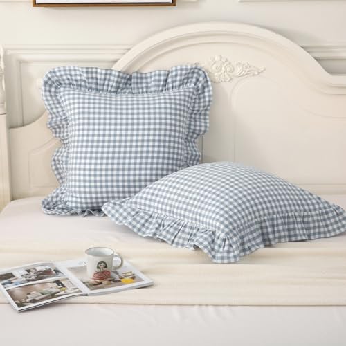 "Silnuo 2 Pack Blue/White Plaid Gingham Ruffle Throw Pillow Covers 24""x24"" - Farmhouse Checkered Washed Cotton Pillowcases Decorative Pillow Shams for Bed, Sofa, Living Room"