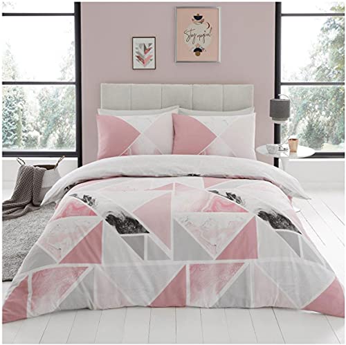 GC GAVENO CAVAILIA Luxury Triangle Duvet Covers Double Size, Polycotton Fabric Marble Bedding Set, Printed Quilt Covers, Pink