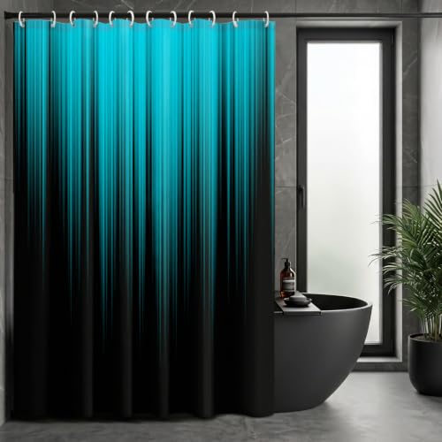 AAtter Teal Black Ombre Shower Curtain, Extra Long 72x84 Inch, 12 Hooks - Turquoise Striped Polyester Fabric, Dark Modern Abstract Style, Cool Anime Design, Trendy Striped Bathroom Decor for Men