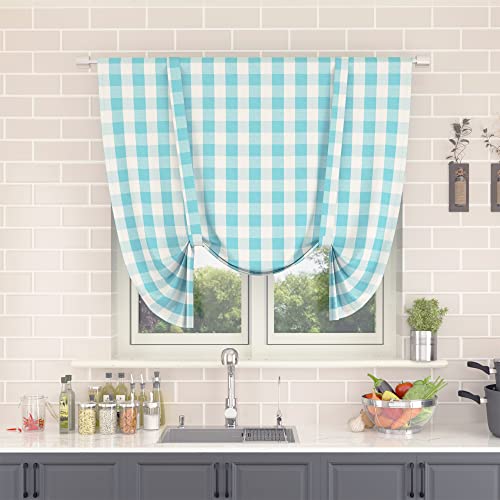 Natus Weaver Tie Up Curtain for Kitchen Window Buffalo Check Adjustable Tie Up Shades Plaid Gingham Farmhouse Rod Pocket for Bathroom, 42 x 54 Inches, 1 Panel Sky Blue & White